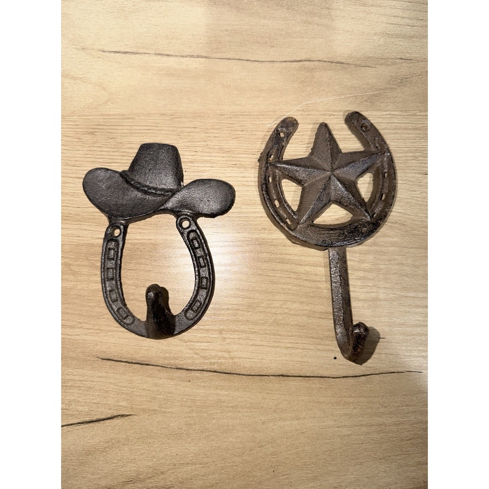 Rustic Cast Metal Cowboy Hat & Star Western Wall Hangers Hooks Set of 2 W